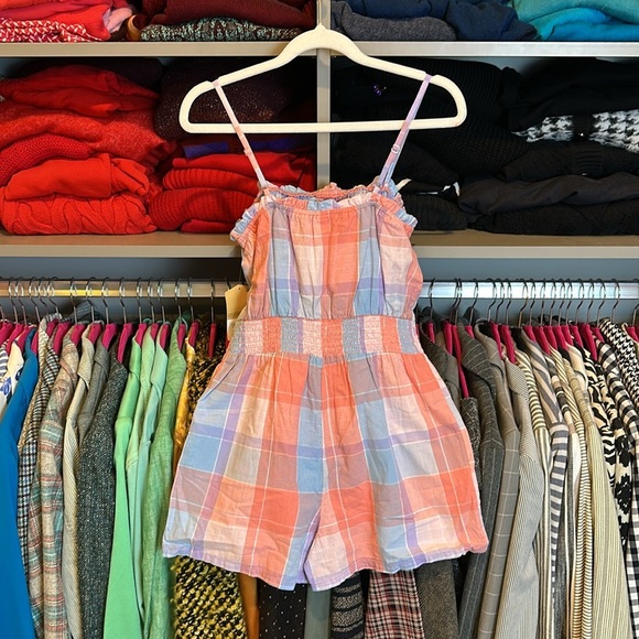 There Abouts blue/coral plaid adjustable strap smocked waistband romper XS NWT - Picture 3 of 3